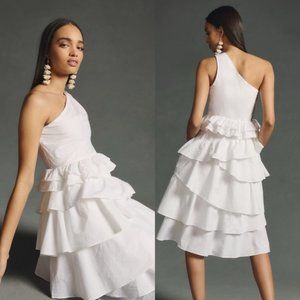 New Anthropologie One Shoulder Tiered Midi Dress in White Size 6